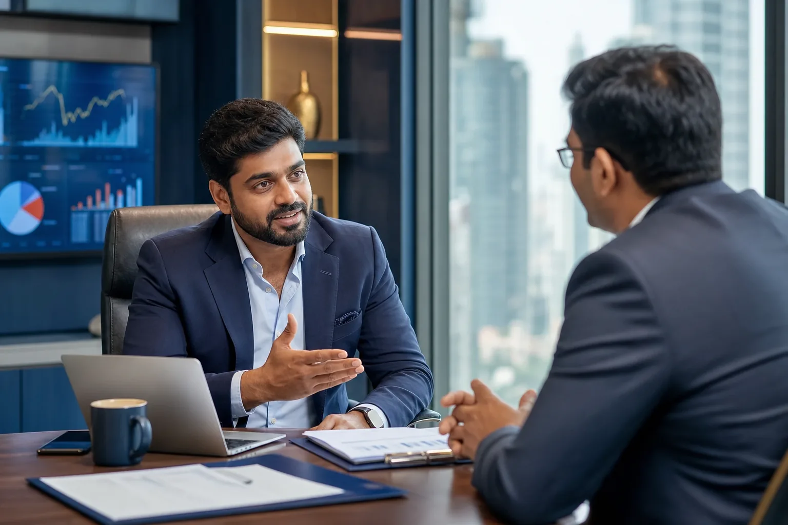 Indian entrepreneur discussing business funding with a professional financial advisor in a modern premium office