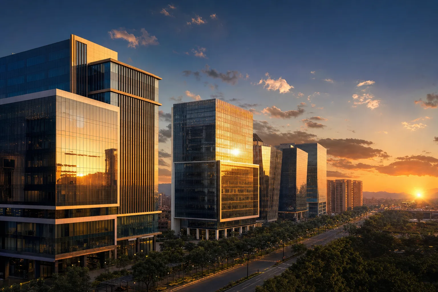 Modern skyline of an Indian metro city at golden hour