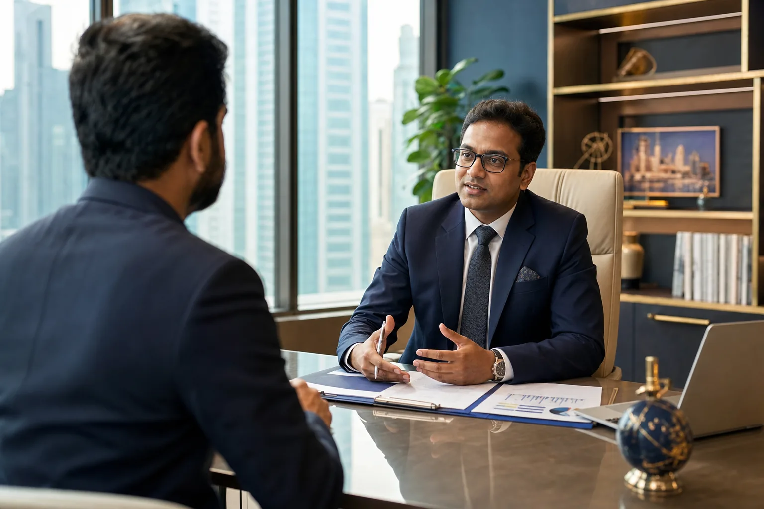 Sophisticated modern financial consulting office in Mumbai, India with an Indian advisor and business client
